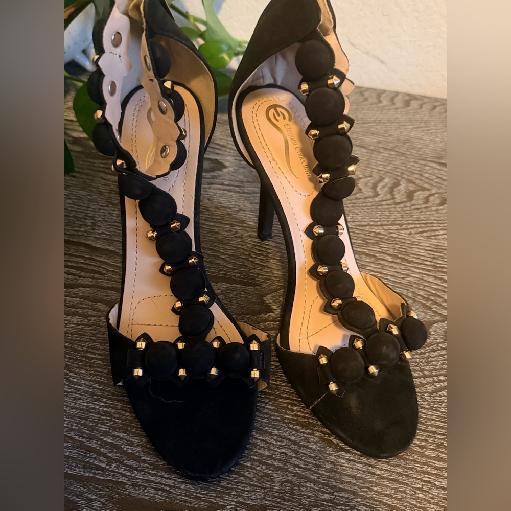 Women's Black Embellished T-Strap High Heel Sandals